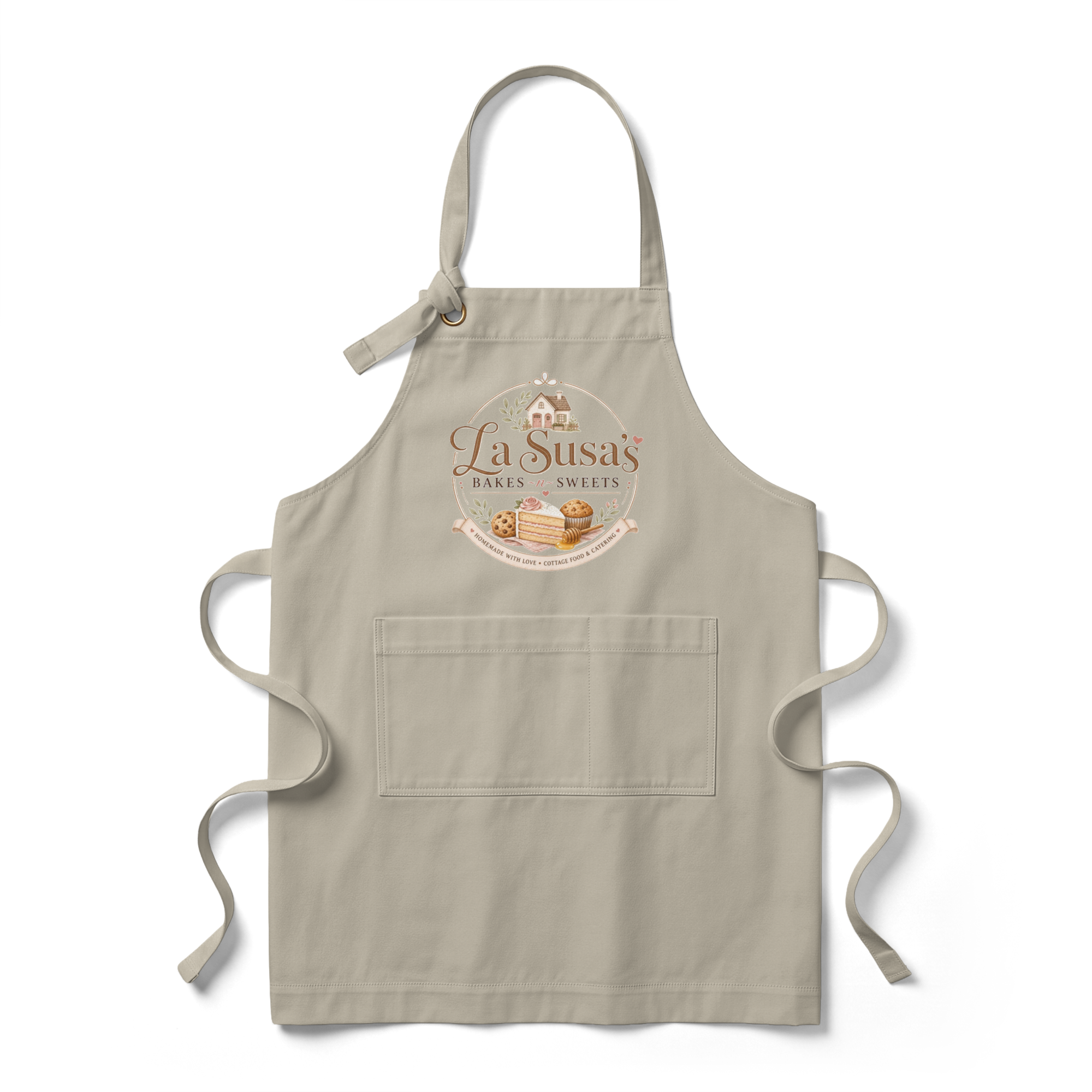 La Susa's Signature Apron: heavy twill bib apron in Sahara with the La Susa's logo