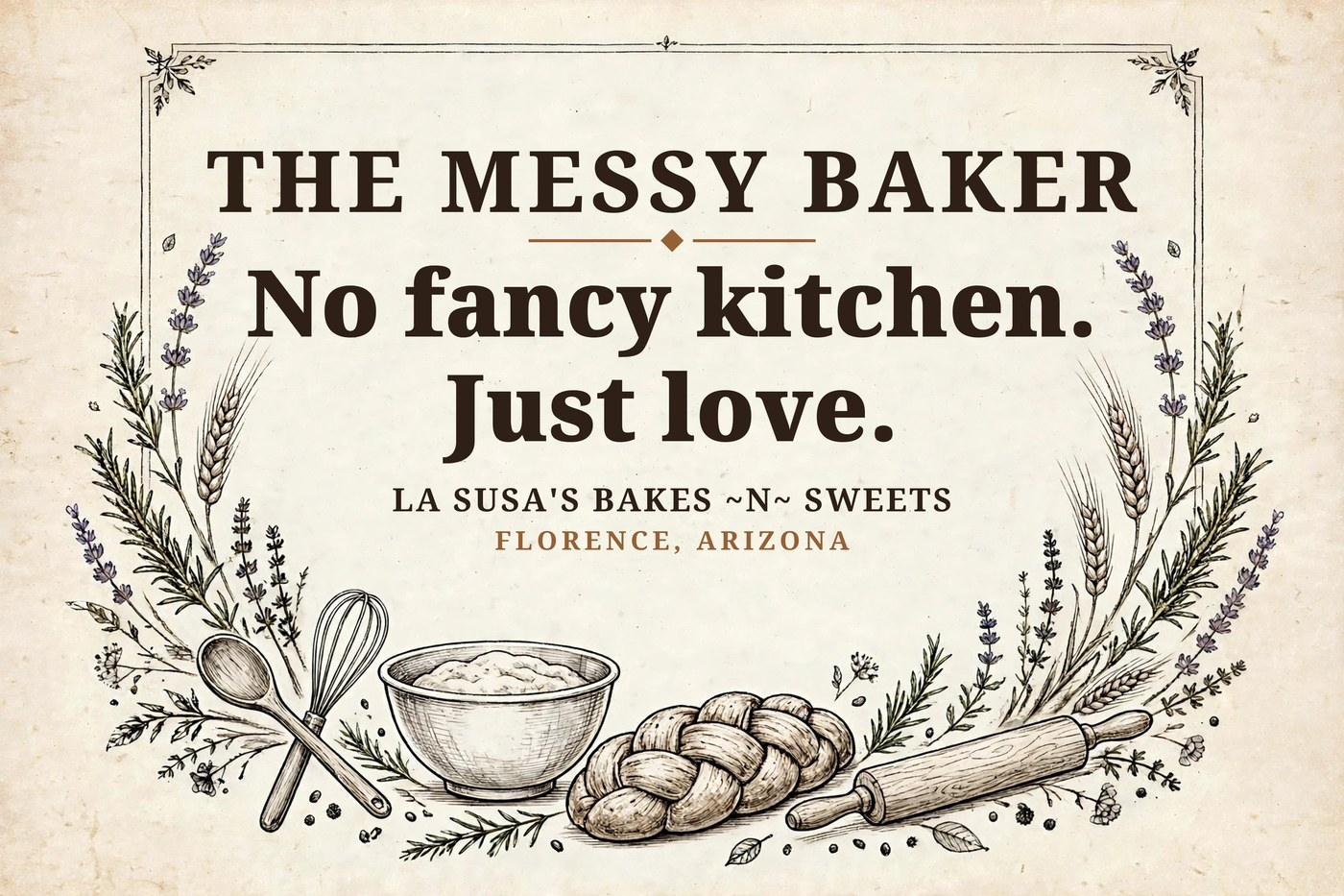 Framed vintage art reading 'No fancy kitchen. Just love.'