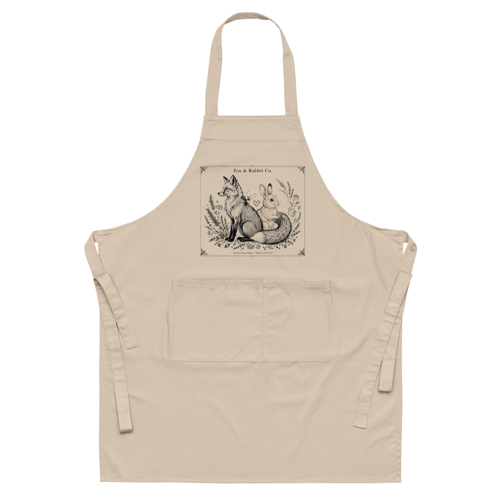 Fox & Rabbit Co. Organic Apron: organic cotton apron in Rope with the Fox & Rabbit Co. artwork